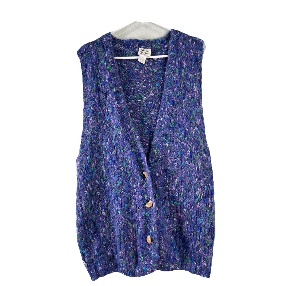 Vintage Grazia Hand Knit Vest Womens M Purple Italian Wool Blend‎ Boucle Artsy